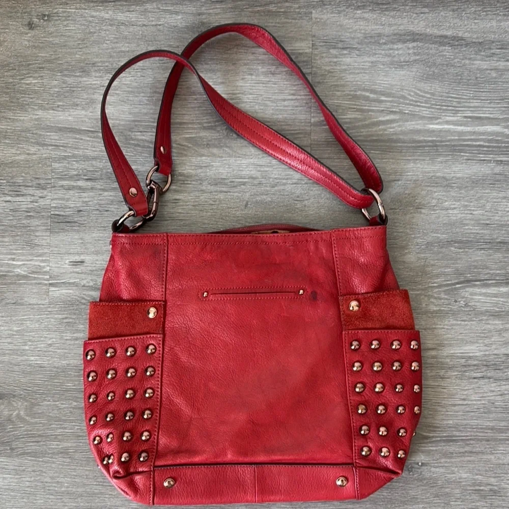 B. Makowsky Red Leather and Rose Gold Studded Bag
